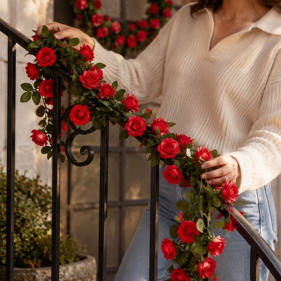 Garland, 3Pcs 8FT Artificial Rose Vine, Faux Flower Garland with Leaves for Wall, Front Door, Party, Home Decor, Indoor Outdoor Greenery