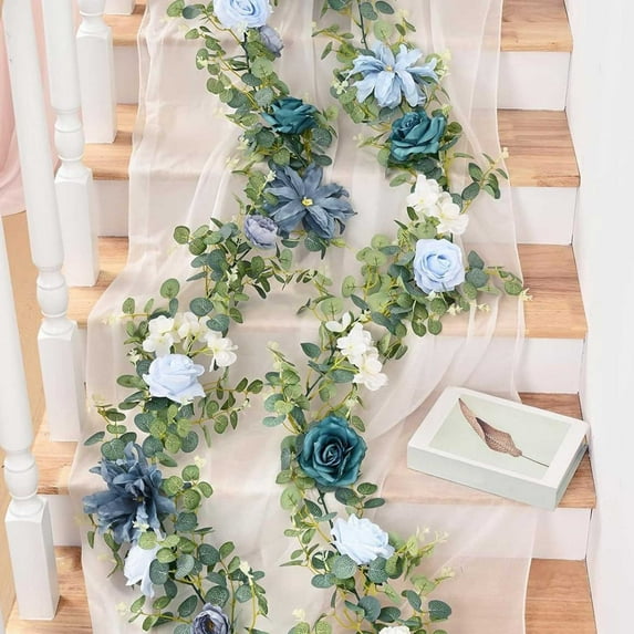 Garland Artificial Rose Garland Faux Garland Leaves Vines Table Runner For Wedding Party Arch Wall Room Decor 6.56Ft Bule