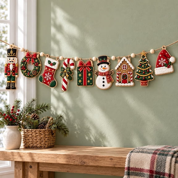 Garland Banner, 2026 Nutcracker, Snowman and Gingerbread House Wooden Decor