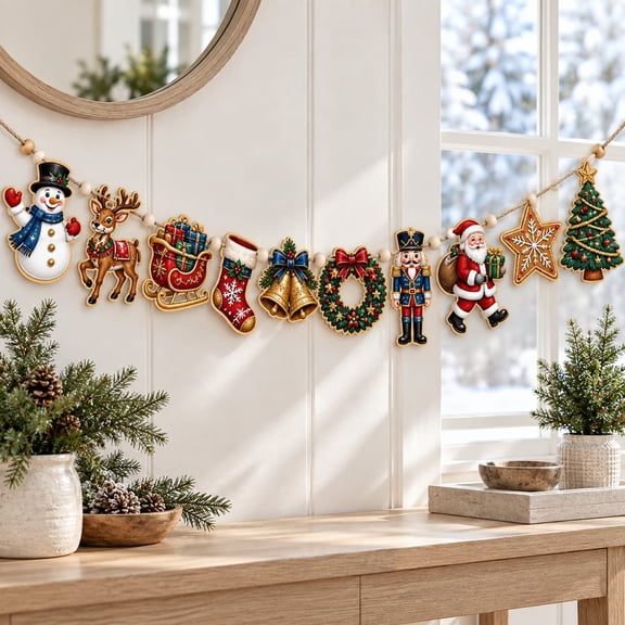 Garland Banner, Santa Reindeer Snowman Wooden Christmas Decor