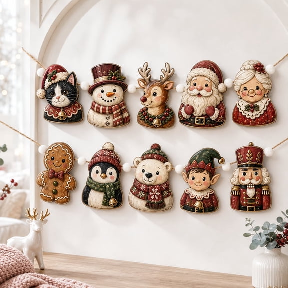 Garland Beaded Santa, Snowman, Reindeer and Nutcracker Wooden Mantel Decor for Christmas