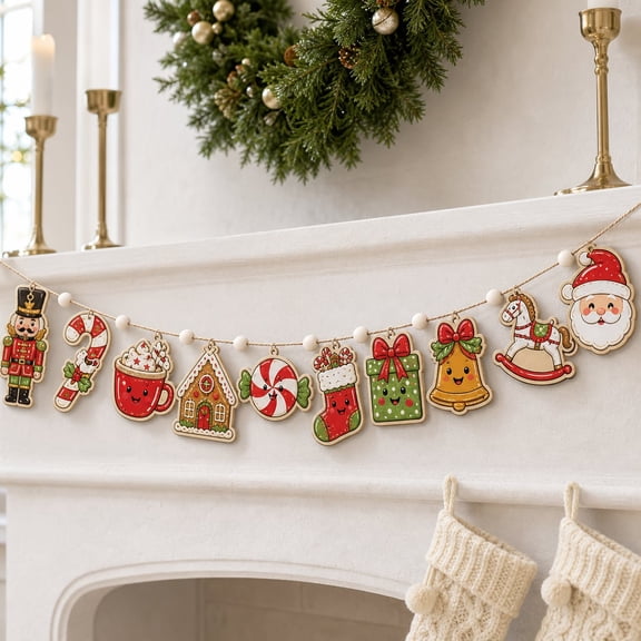 Garland Candy Cane Gingerbread Nutcracker Wooden Mantel and Window Hanging Christmas Decor