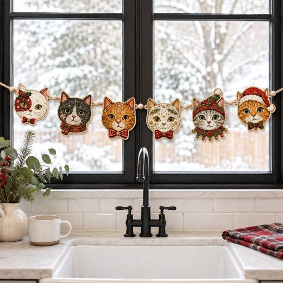 Garland Christmas Cat Wooden Wall Hanging Holiday Decor