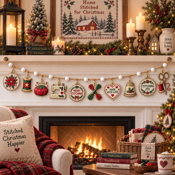 Garland Christmas Embroidery Charms, Wooden Mantel Accent for Stitchers