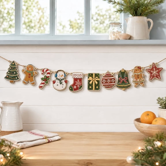 Garland Christmas Gingerbread Snowman Candy Cane Wood Window Decor