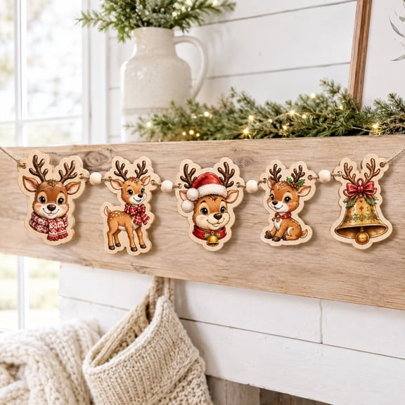 Garland Cute Reindeer and Bell Wooden Mantel Hanging Christmas Decor
