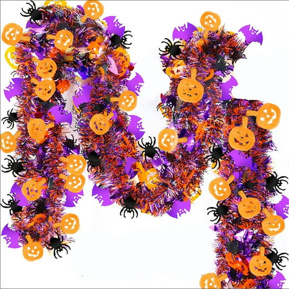 Garland Decoration, 80 Inch Extra Long Shiny Tinsel Garland With Foil Pumpkin Spider And Bat Ornaments, For Home Tree Indoor Outdoor Party And Event Decor