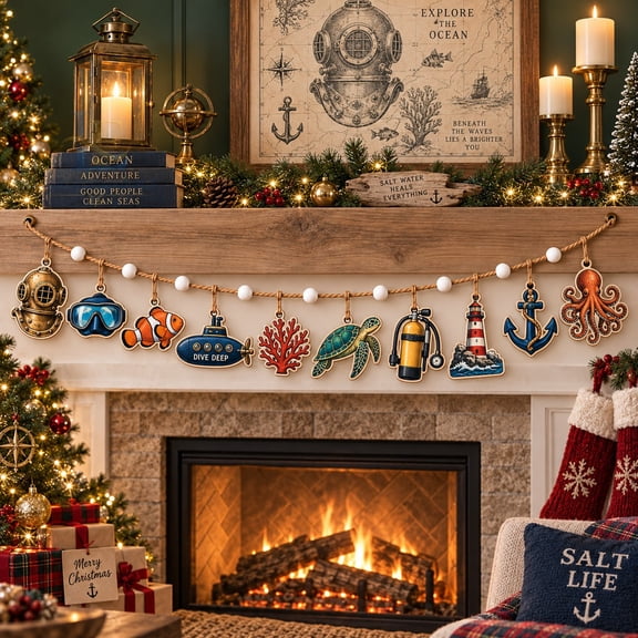 Garland Deep Sea Diver Ocean Theme, Wooden Mantel Accent for Scuba Enthusiasts