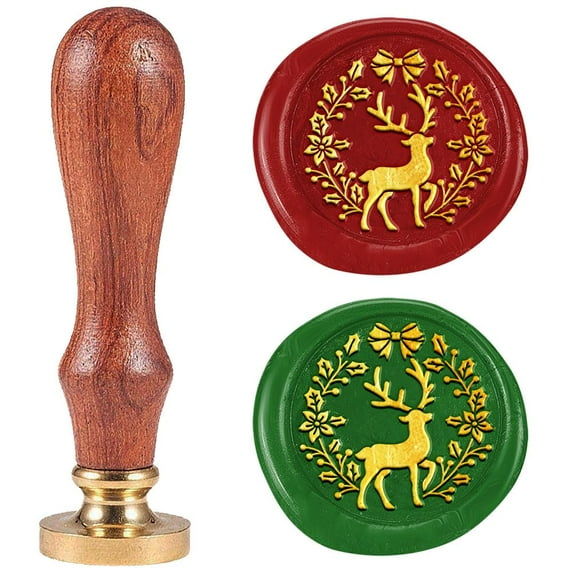 Garland and Deer Wax Seal Stamp Embossed Stamp Sealing Removable 1" Vintage Brass Head with Wooden Handle Sealing Wax Stamp for Envelopes Christmas Invitations Postcards Gift Packing Decor for DIY