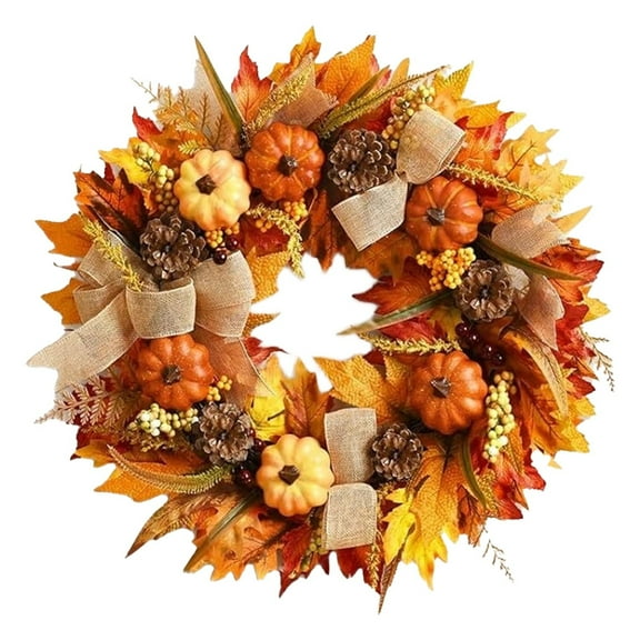 Garland-Fall&nbsp;Decor-Halloween Garland-Fall Decor Fall Wreaths for Front Door Outside Fall Door Wreath with Orange Pumpkins Leaves Bows 45Cm Autumn Wreath Fall Decorations for Home Patio Outside