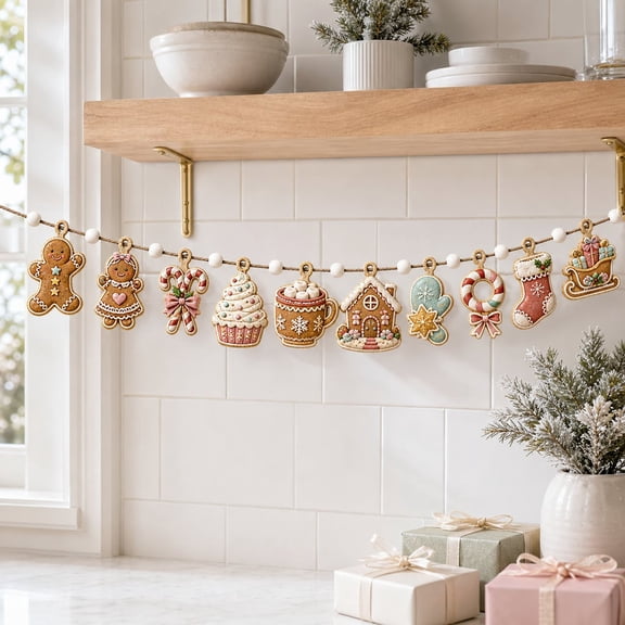 Garland Gingerbread and Candy Cane Wooden Kitchen Wall Hanging for Christmas Party Decor