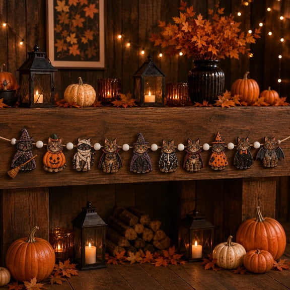 Garland Halloween Cat Characters Wooden Mantel Shelf Decor for Seasonal Parties
