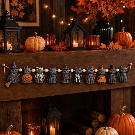 Garland, Halloween Cat, Wooden Bead Mantel Decoration for Haunted House Party