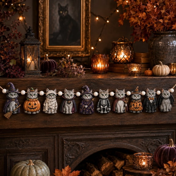 Garland, Halloween Cat Wooden Mantel Hanging Decoration for Autumn Hosts