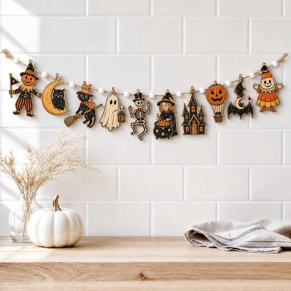 Garland Halloween Circus Pumpkin Moon Cat Ghost Skeleton Wooden Mantel Decor for Home