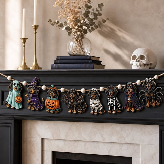 Garland Halloween Dachshund Costume Wooden Mantel Wall Hanging Dog Lover Gift
