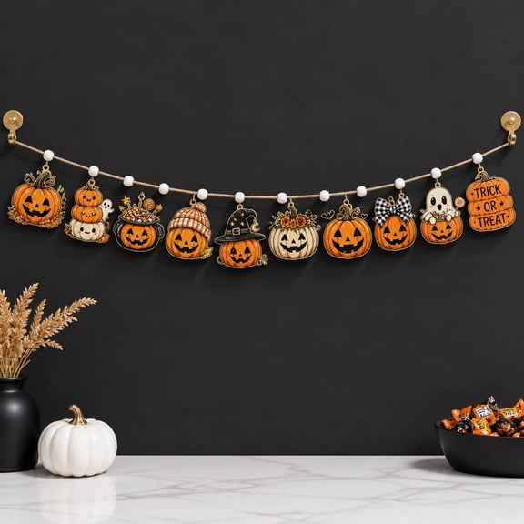 Garland Halloween Pumpkin Wooden Trick or Treat Window Decor for Fall Home
