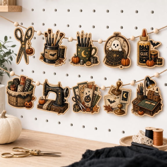 Garland Halloween Sewing Craft Orange and Black Wooden Wall Decor for Halloween