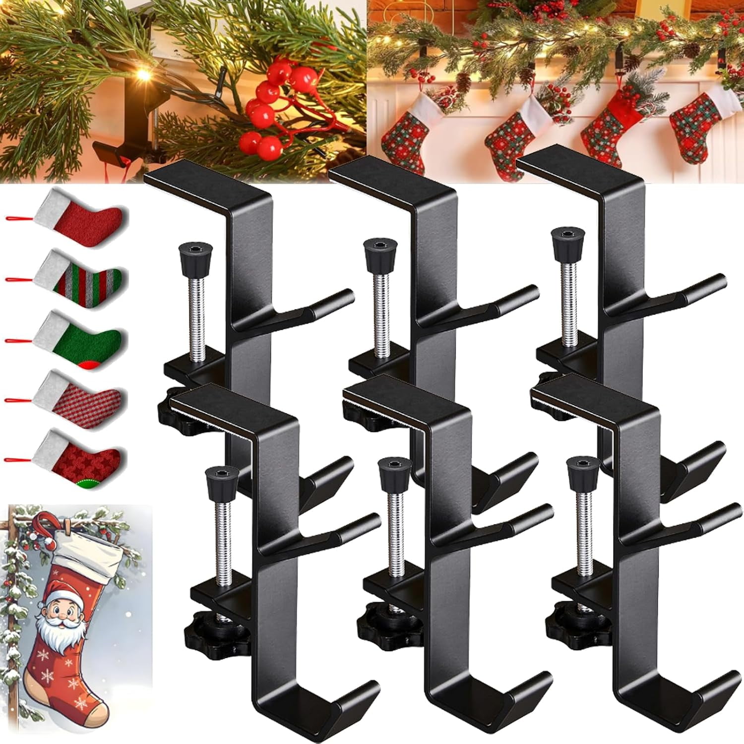 Christmas Stocking Holders For Mantle - Non-Slip Silicone Grip Hooks With Adhesive Strips, Silver Set Of 4