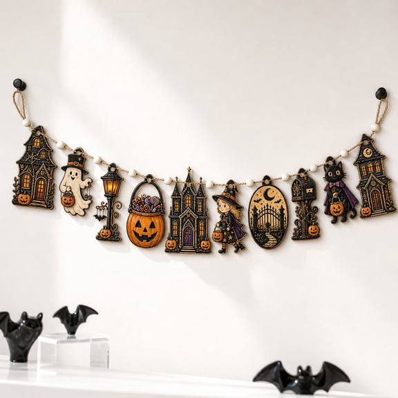 Garland Haunted House Ghost Witch Black Cat Pumpkin Wooden Mantel and Wall Decor Halloween Decor
