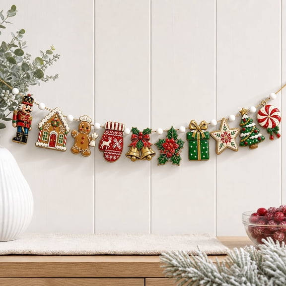 Garland Nutcracker Gingerbread Holiday Wooden Window and Mantel Decor for Christmas