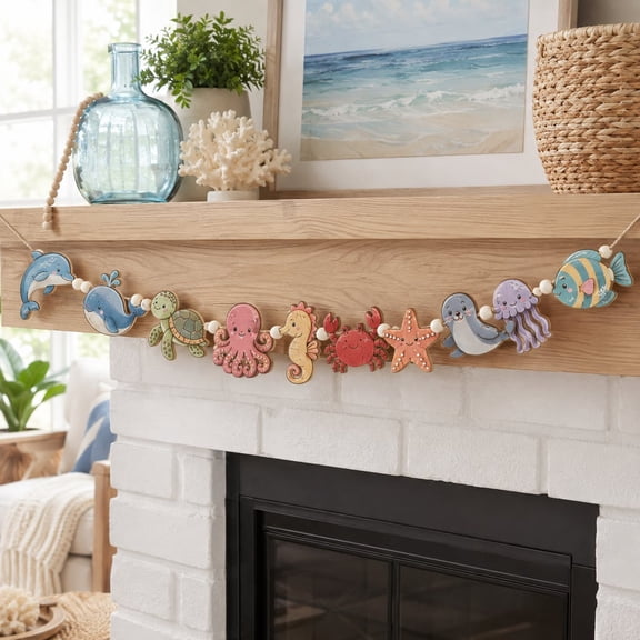 Garland Ocean Animal Wooden Wall Decor with Beaded Twine for Coastal Homes