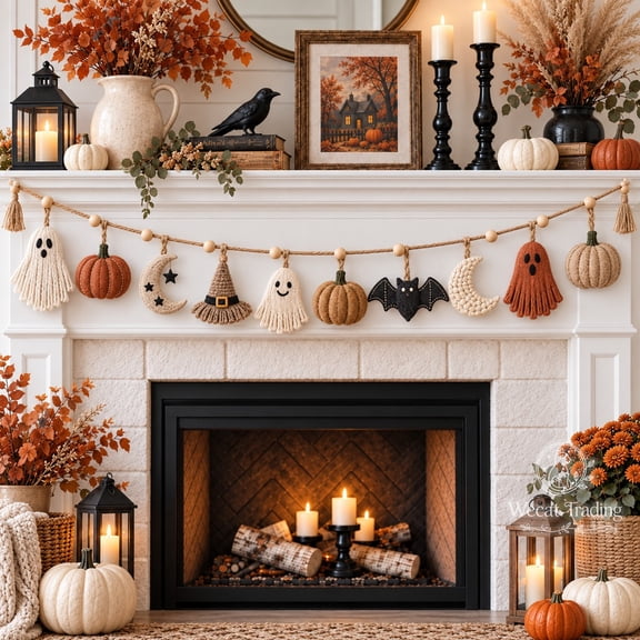 Garland Ornament, Boho Halloween Ghost Pumpkin Bat Moon, Wooden Mantel Hanging for Autumn Parties