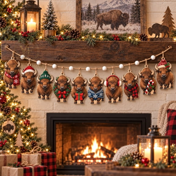 Garland Ornament Buffalo Christmas Wooden Beads for Mantel Display, Holiday Gift