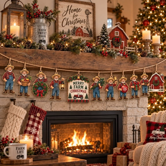 Garland Ornament Christmas Farmer Wooden Mantel Hanging Decor for Farmhouse Homes