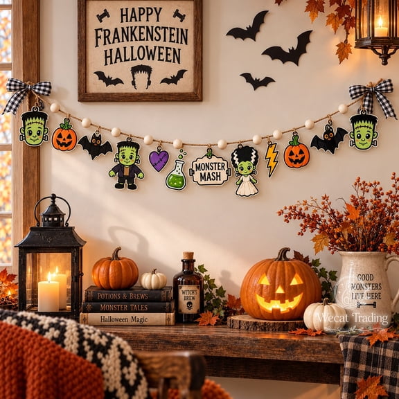 Garland Ornament, Frankenstein Monster Theme, Wooden Hanging Decoration for Halloween Parties