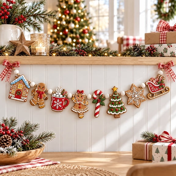 Garland Ornament, Gingerbread and Candy Cane Wooden Mantel Banner and Wall Hanging for Rustic Christmas Home Decor
