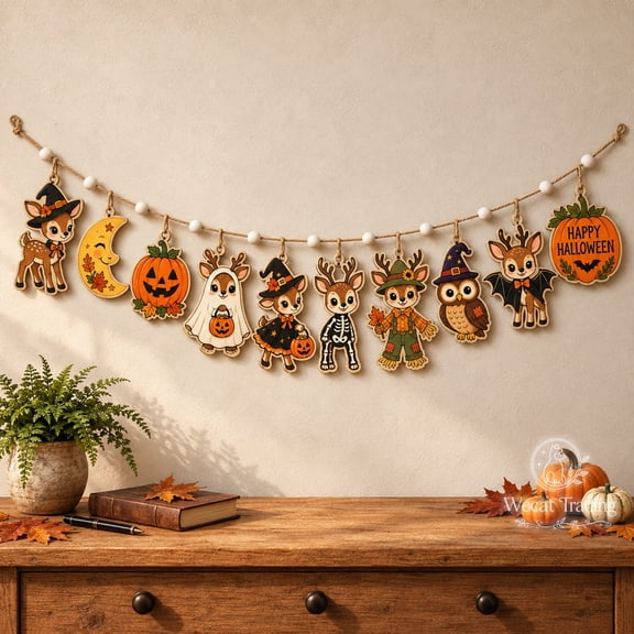 Garland Ornament, Halloween Deer and Pumpkin, Wooden Hanging Decoration for Fall Parties