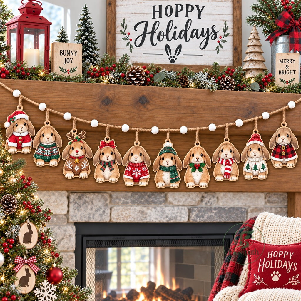 Lop Rabbit All Garland Ornament Holland Lop Rabbit Christmas, Wooden Mantel Display ...