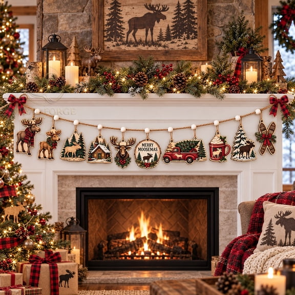 Garland Ornament, Moose Christmas Theme, Wooden Beads for Mantel Display, Gift for Cabin Lovers