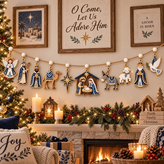 Garland Ornament, Nativity Scene, Wooden Mantel Hanging for Christian Christmas
