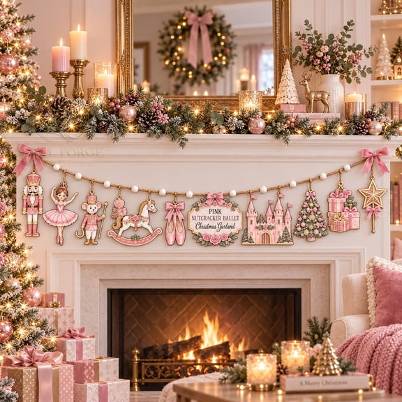 Garland Ornament, Pink Nutcracker Ballet Wooden Mantel Banner for Christmas Decor