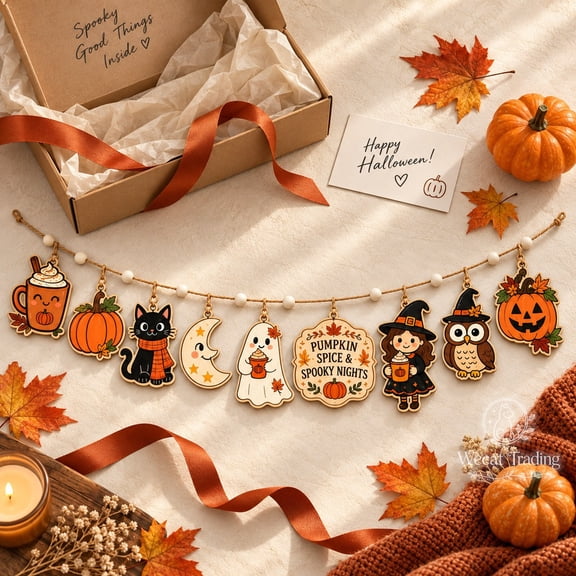Garland Ornament, Pumpkin Spice Halloween Characters, Wooden Mantel Hanging for Autumn Parties