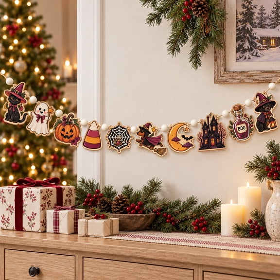 Garland Ornament, Retro Halloween Dachshund Ghost Skeleton Mummy Witch Pumpkin and Vampire Dog Wooden Mantel Wall Decor for Spooky Parties