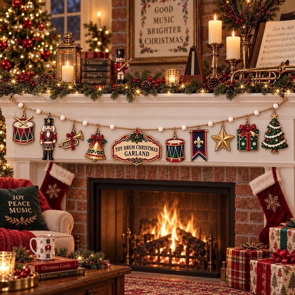 Garland Ornament, Toy Drum Nutcracker Wooden Beads for Mantel Hanging Christmas Decor