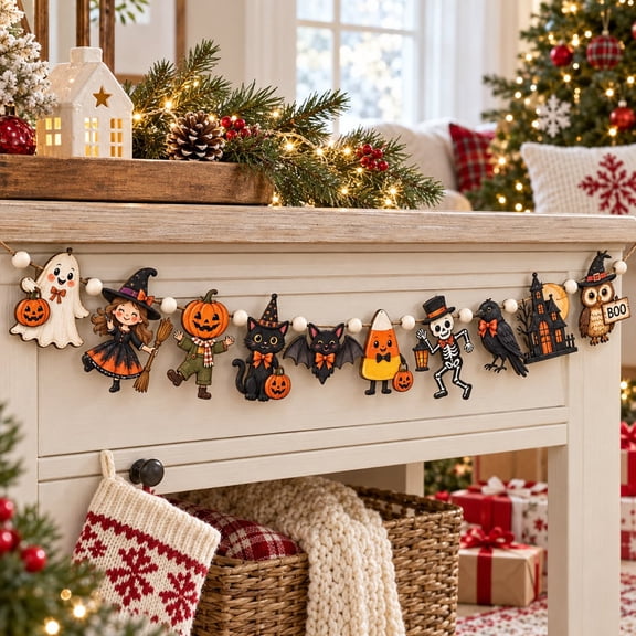 Garland Ornament, Vintage Halloween Pumpkin Ghost and Witch Wooden Felt Bead Banner for Home Party Decor