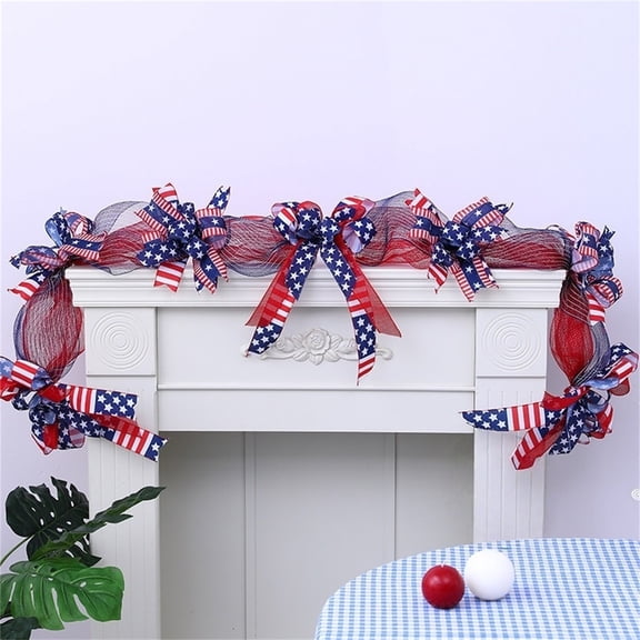 Garland Patriotic Independence Day Garland 4th of July Red White Blue Mesh Ribbon Garland with American Flag Bows for Fireplace Mantel Home Party Decor 70.9 Inch
