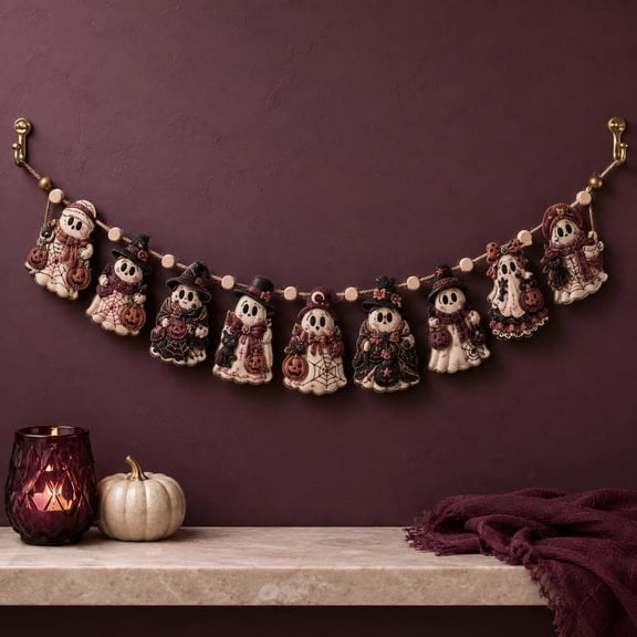 Garland, Personalized Ghost and Pumpkin Wooden Bead Mantel Wall Hanging for Halloween Decor