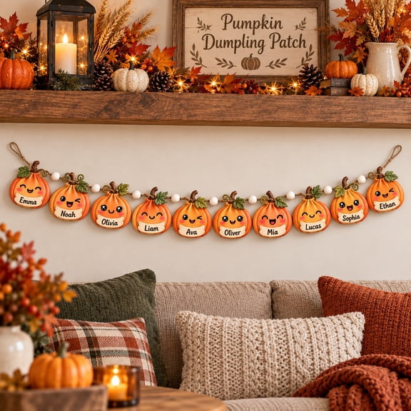 Garland Personalized Pumpkin Dumplings, Wooden Mantel Decoration for Thanksgiving and Christmas