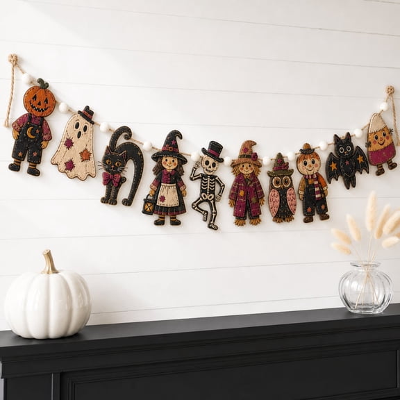 Garland Primitive Halloween Pumpkin Ghost Witch Skeleton Wooden Mantel Banner for Fall Wall Decor
