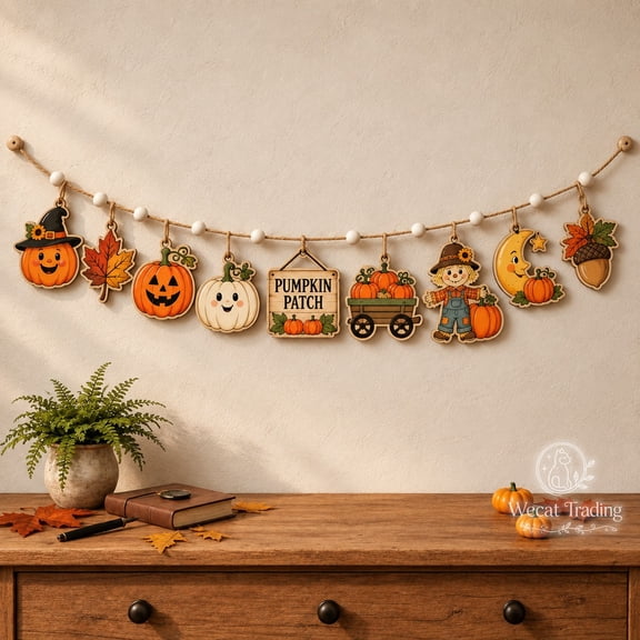 Garland Pumpkin Patch Halloween Wooden Hanging for Mantel, Harvest Host Gift