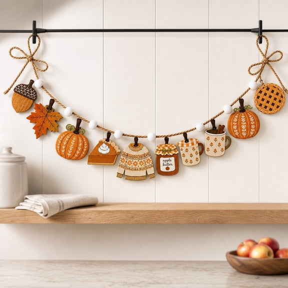Garland Pumpkin Pie and Sweater Wooden Window Hanging Thanksgiving Farmhouse Decor