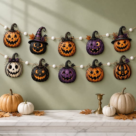 Garland Pumpkin Witch Spooky Wooden Mantel Wall Hanging Halloween Home Decor