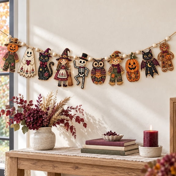 Garland Retro Ghost, Pumpkin and Black Cat Wooden Mantel Decor for Halloween