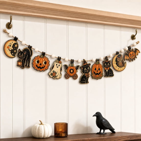 Garland, Retro Halloween Black Cat Pumpkin Wooden Mantel Wall Hanging Decor for Home