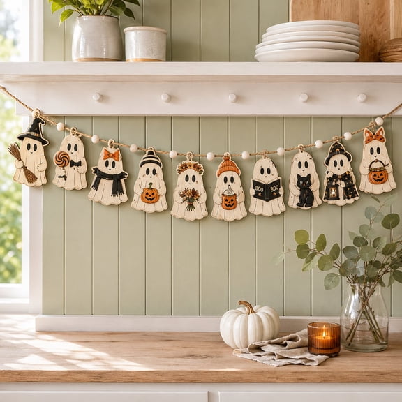 Garland Retro Halloween Faces Wooden Mantel Wall Hanging Halloween Decor